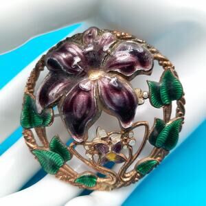 Vintage Purple Enamel Flower Brooch, Open Work, Copper, 2 1/8"
